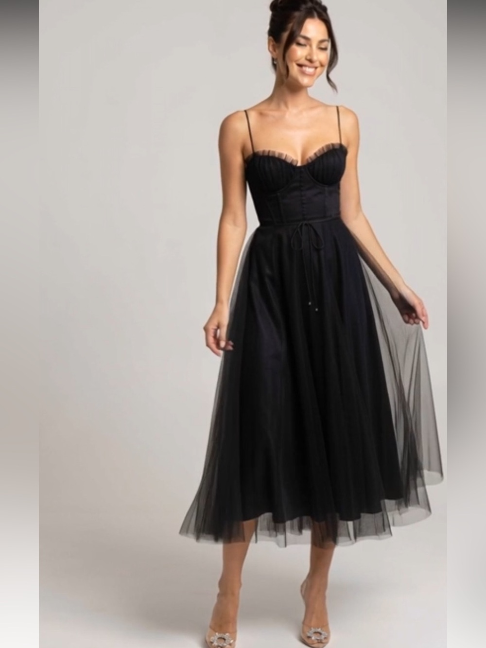 Romantic Black Tulle Midi Dress sweetheart